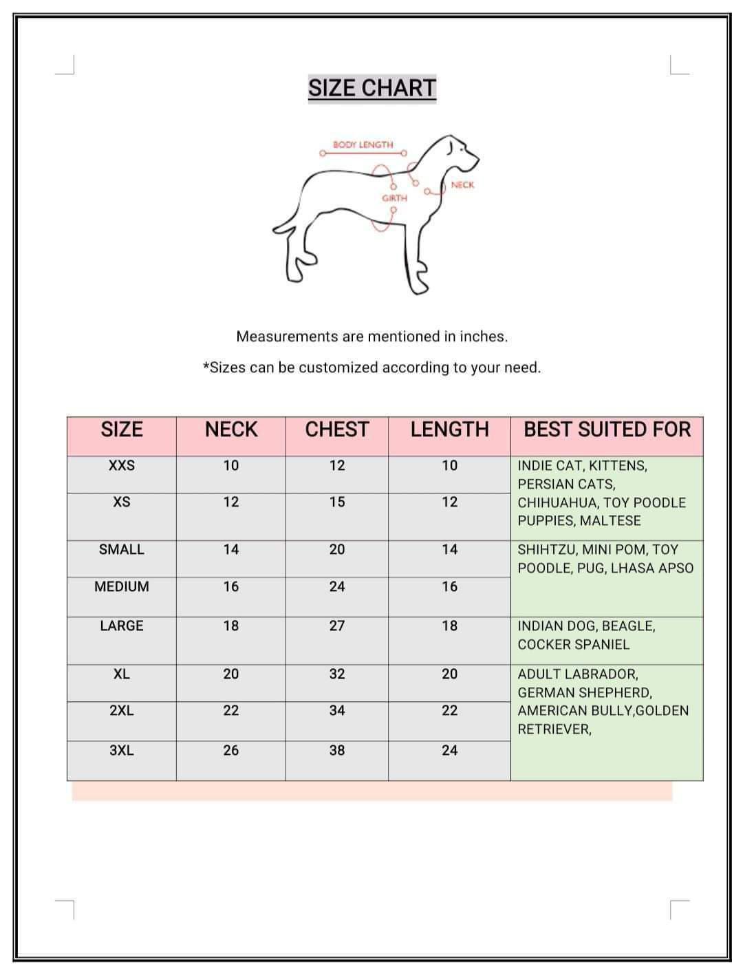 PetWear Size Chart